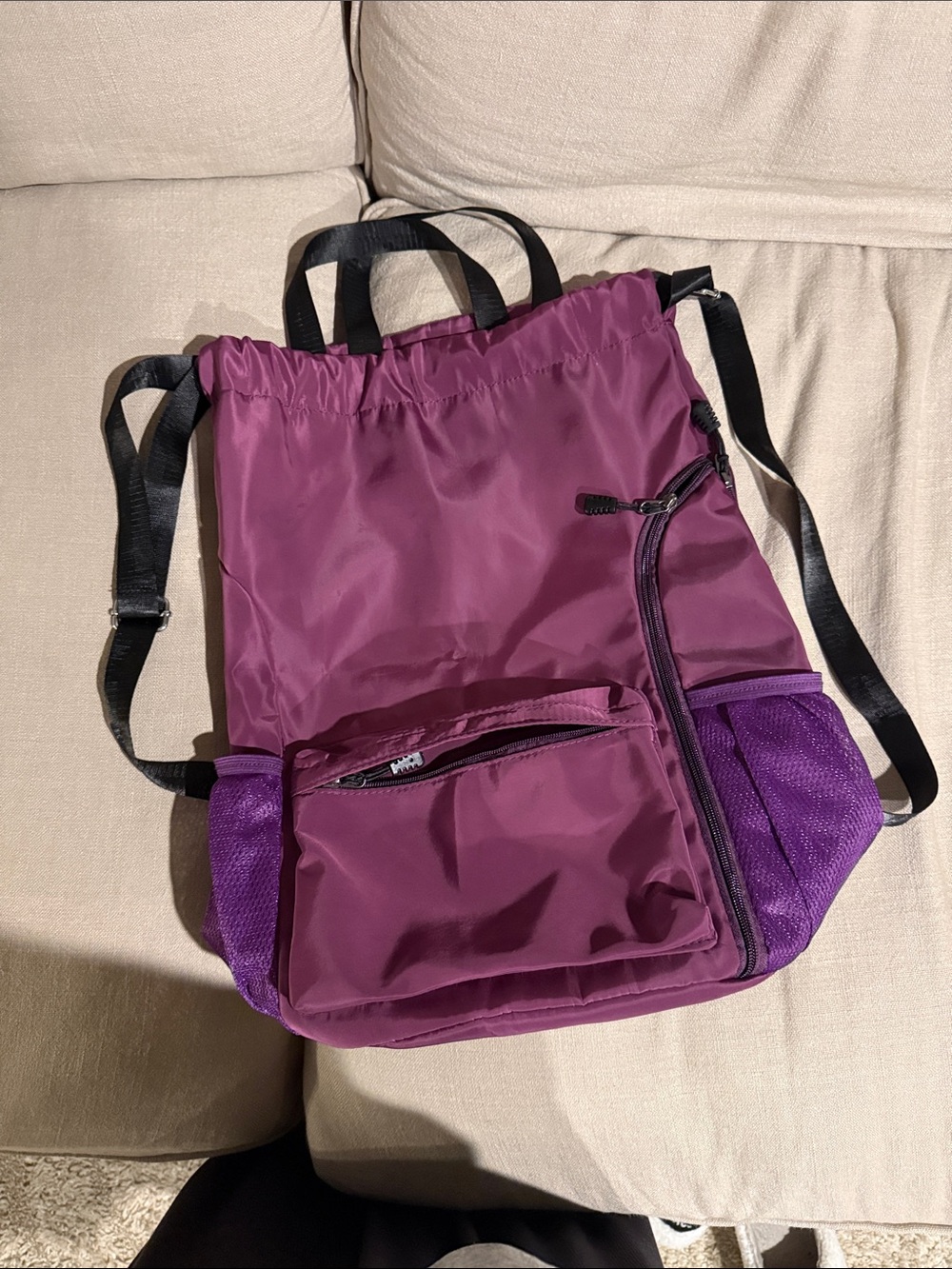 Purple Drawstring Nylon Tote Backpack - Women's Bag